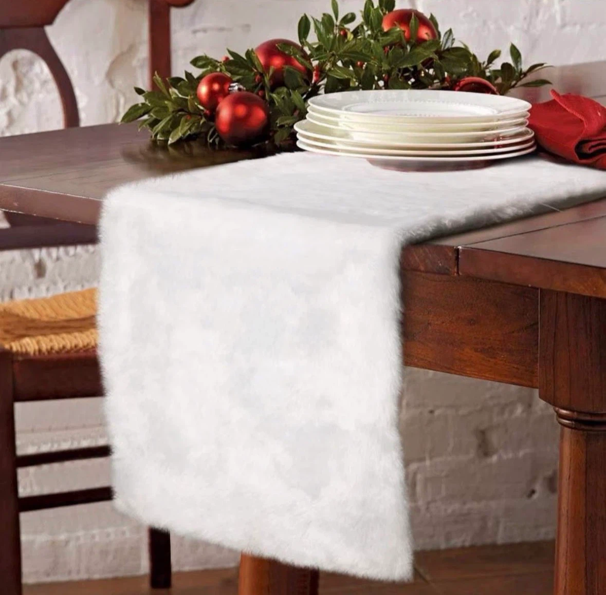 Table Runner White Faux Fur
