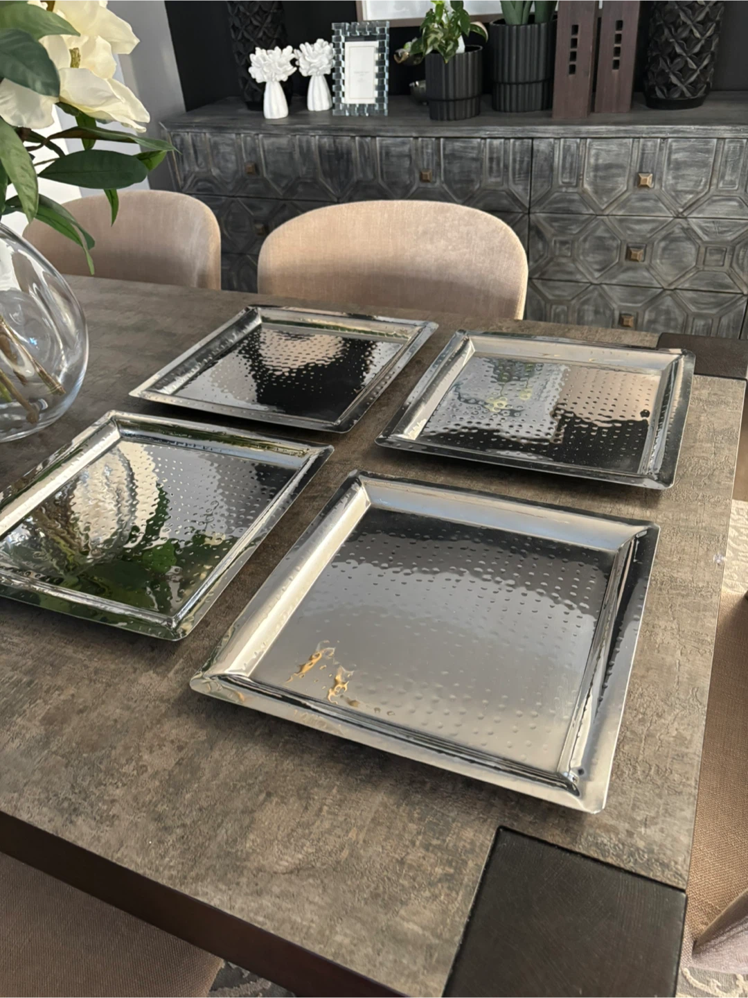 Set of 4 Hammered Metal Square Trays