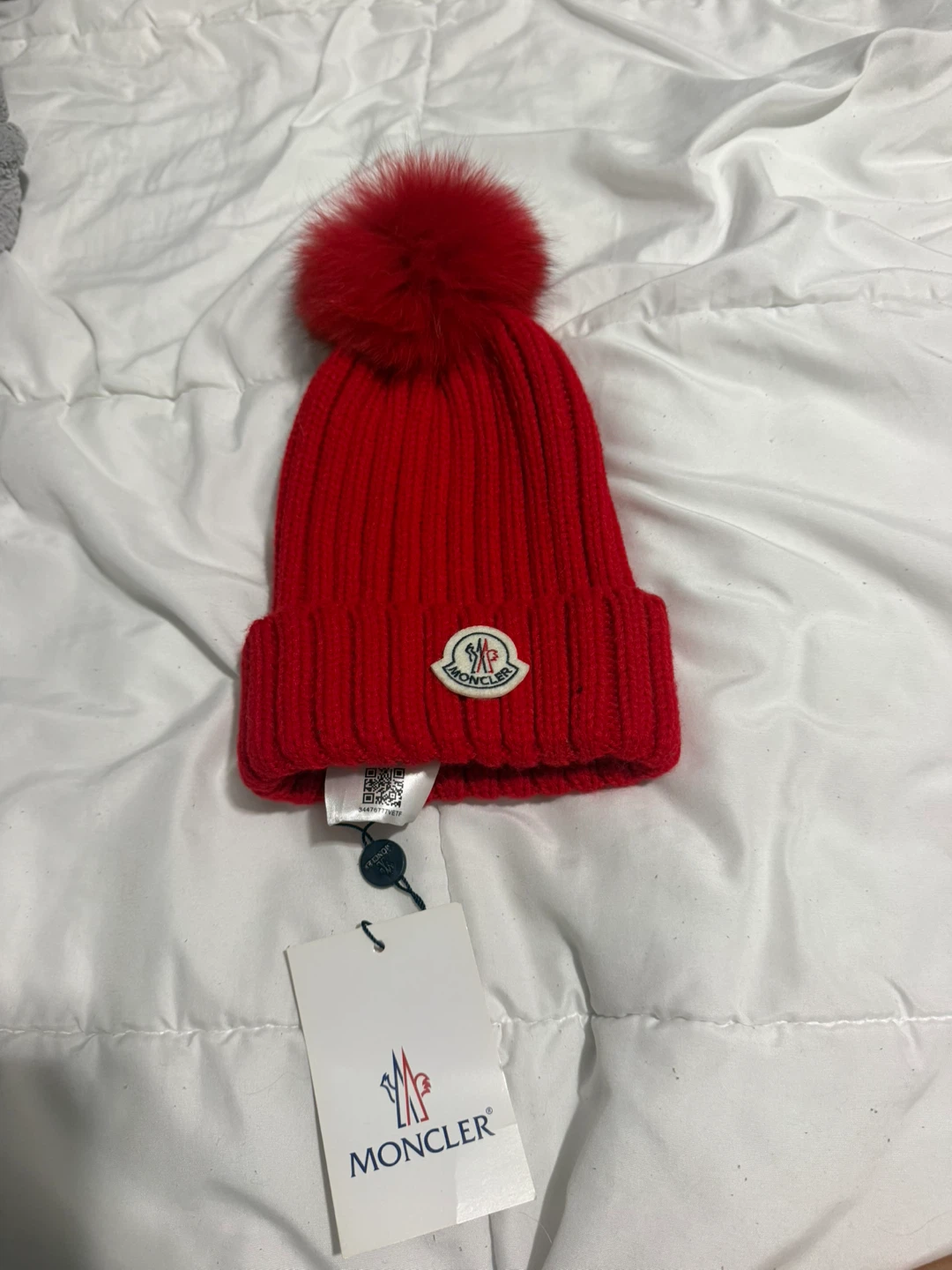 Moncler Red Beanie with Pom-Pom