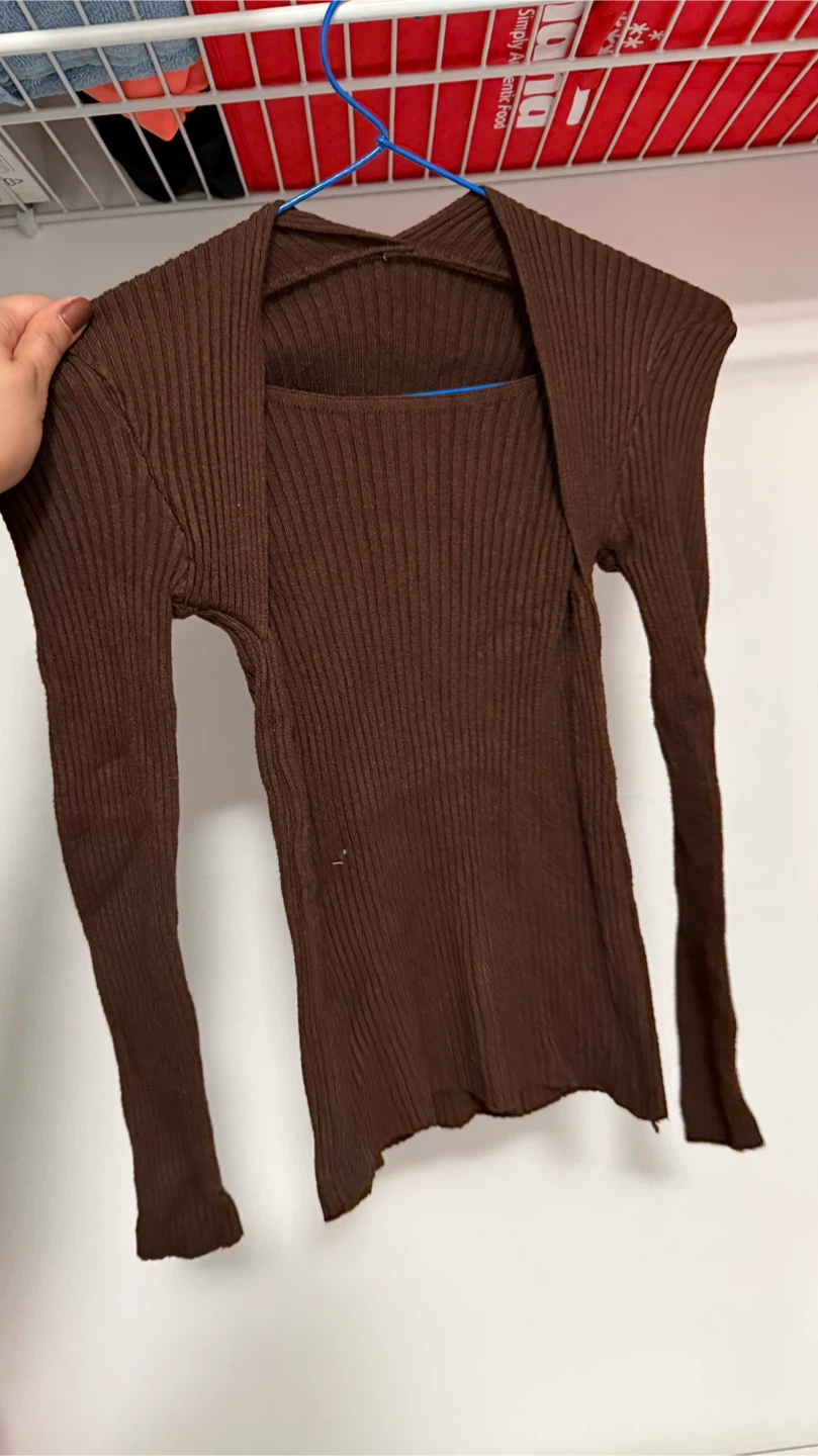 Brown Ribbed Long Sleeve Top
