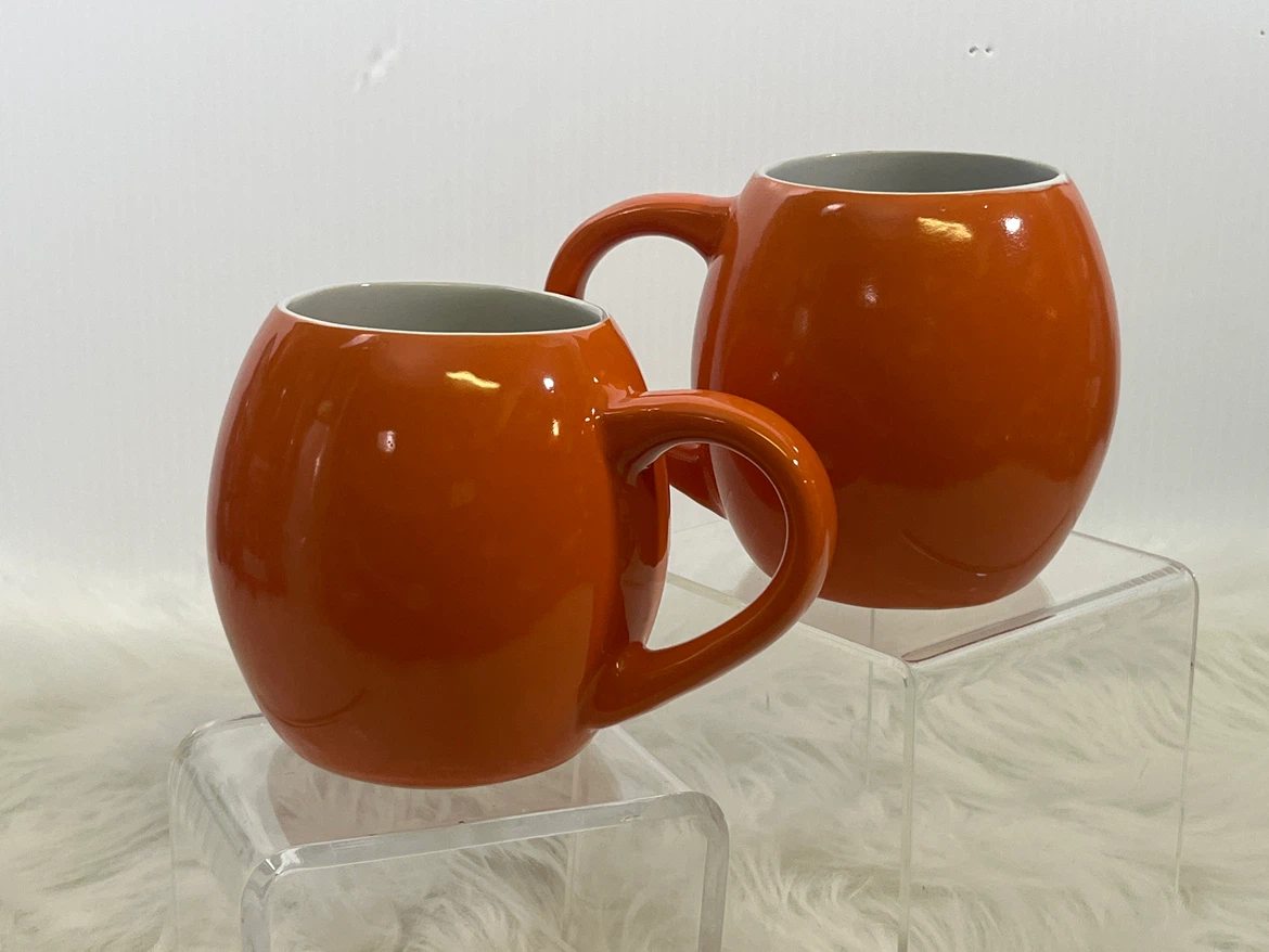Pair of Glossy Orange Ceramic Bubble / Barrel Mugs