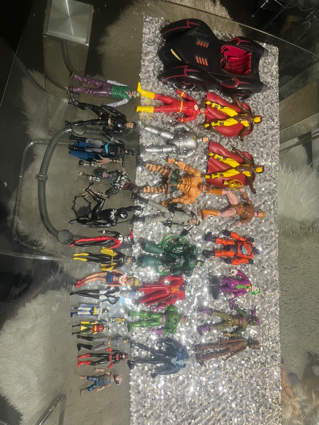 Large Collection of DC Universe Action Figures and Batmobile