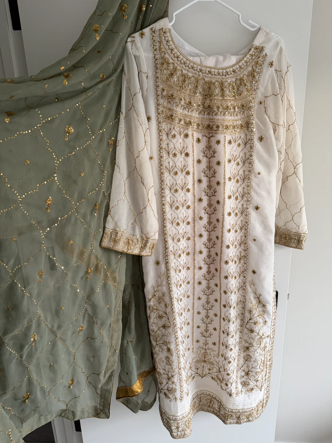 White and Gold Embroidered Three-Piece Suit