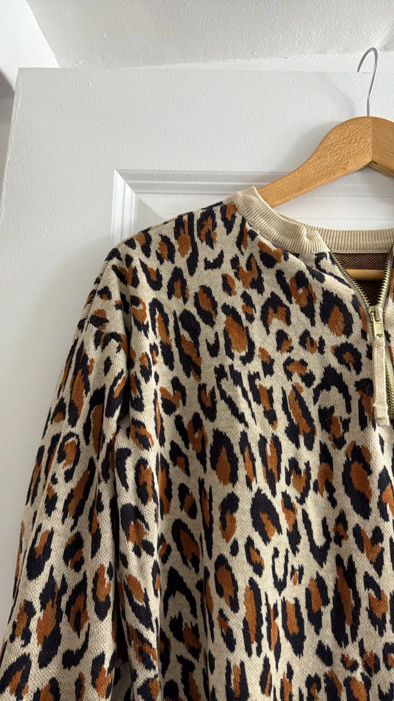 Leopard Print Quarter-Zip Sweater. 100% Cotton