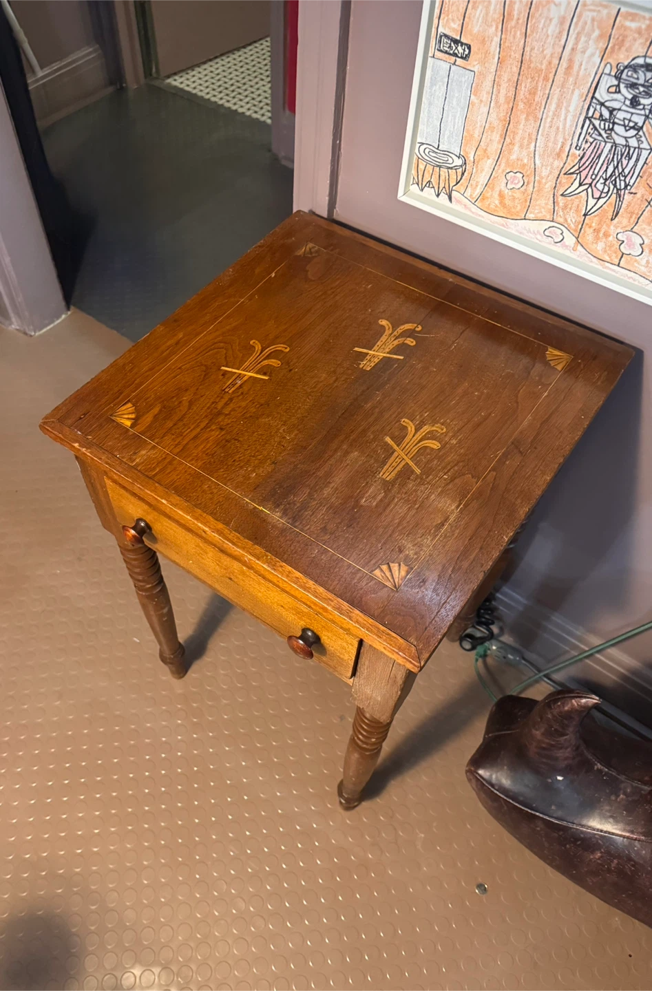 Vintage Wooden End Table with Built-in Charging Station