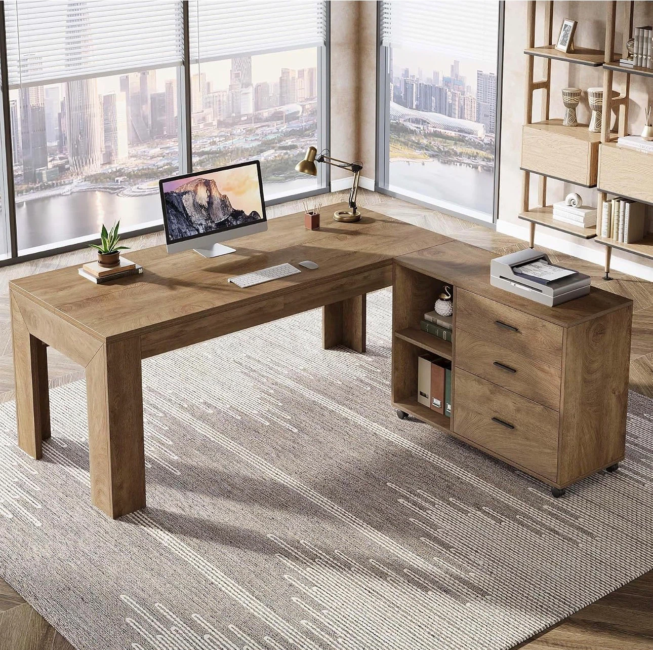 L-Shaped Desk with Mobile Storage Cabinet