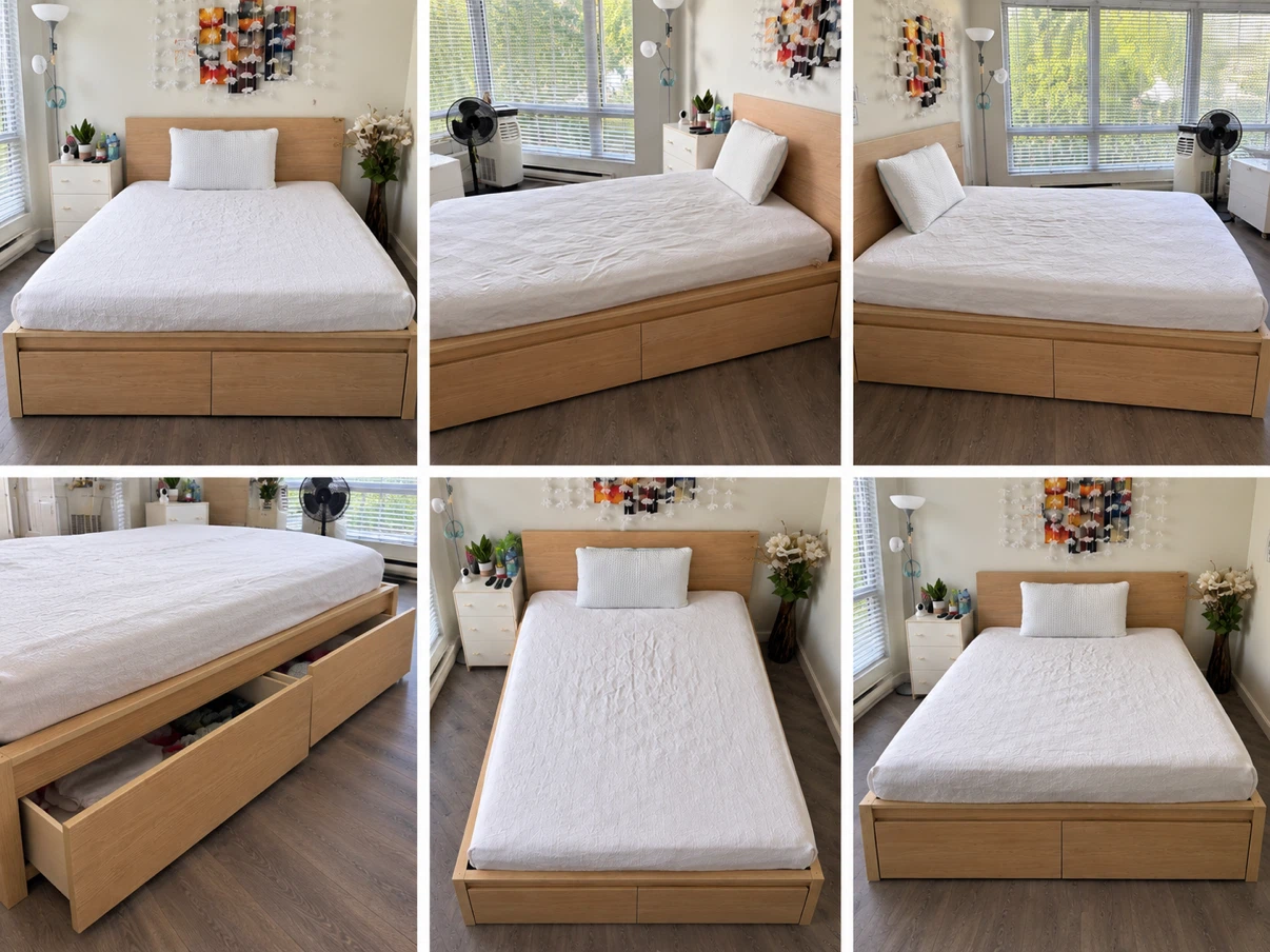 Title: 🛏️ Queen Bed Frame w/ Storage Drawers ✨ Light Wood