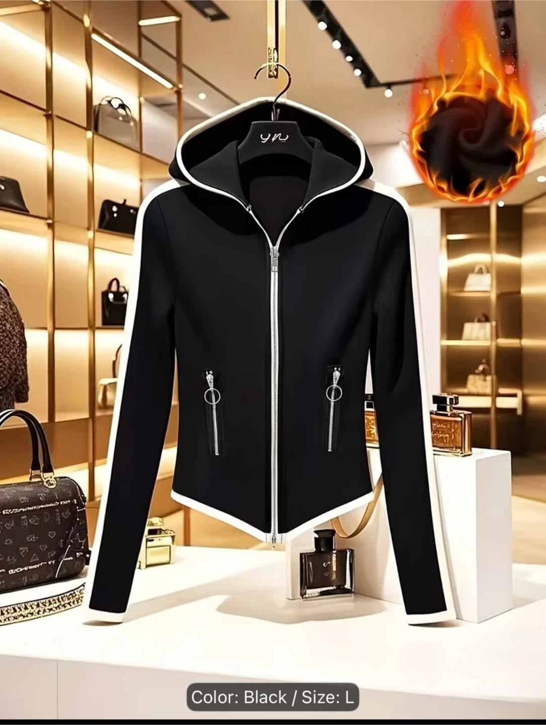 Black and white zip-up hooded jacket