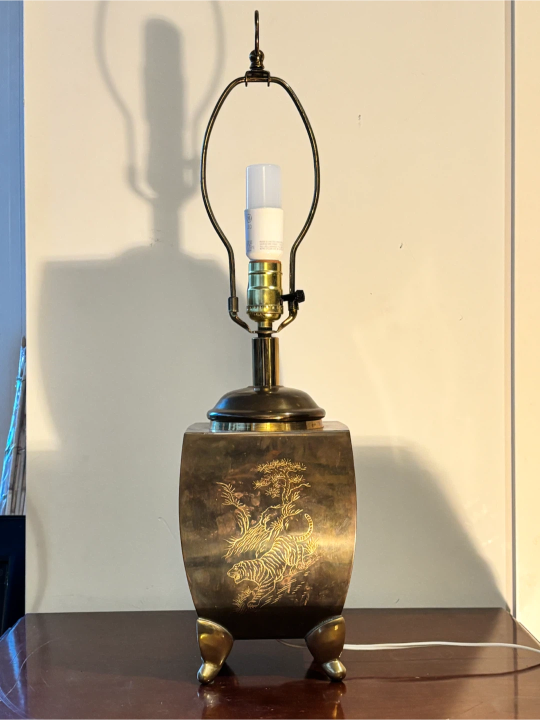 Vintage Asian Etched Brass Table Lamp - Tiger & Pine Motif