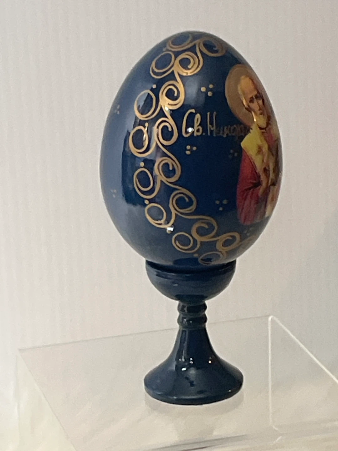 Russian Orthodox Wooden Icon Easter Egg with Stand St. Nicholas - photo 3