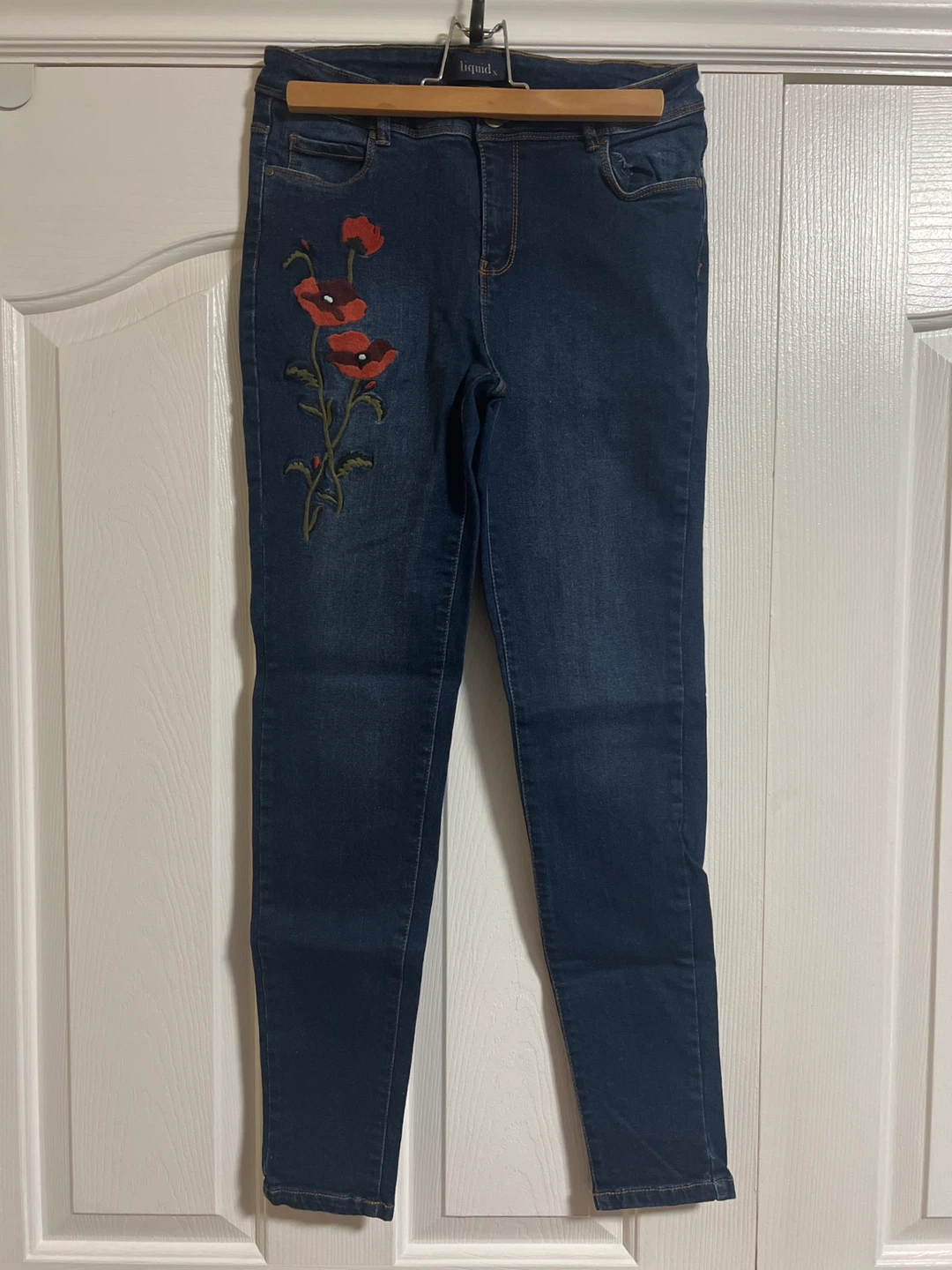 liquid X dark wash floral embroidered jeans