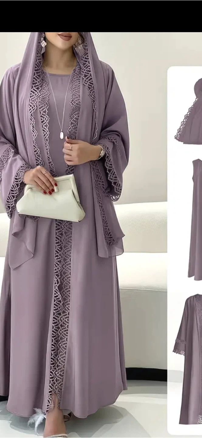 Mauve Chiffon Abaya Set with Lace Detail