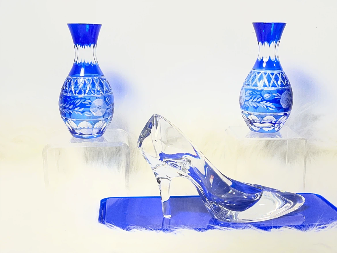 Cobalt Blue Cut-to-Clear Vases and Crystal Slipper
