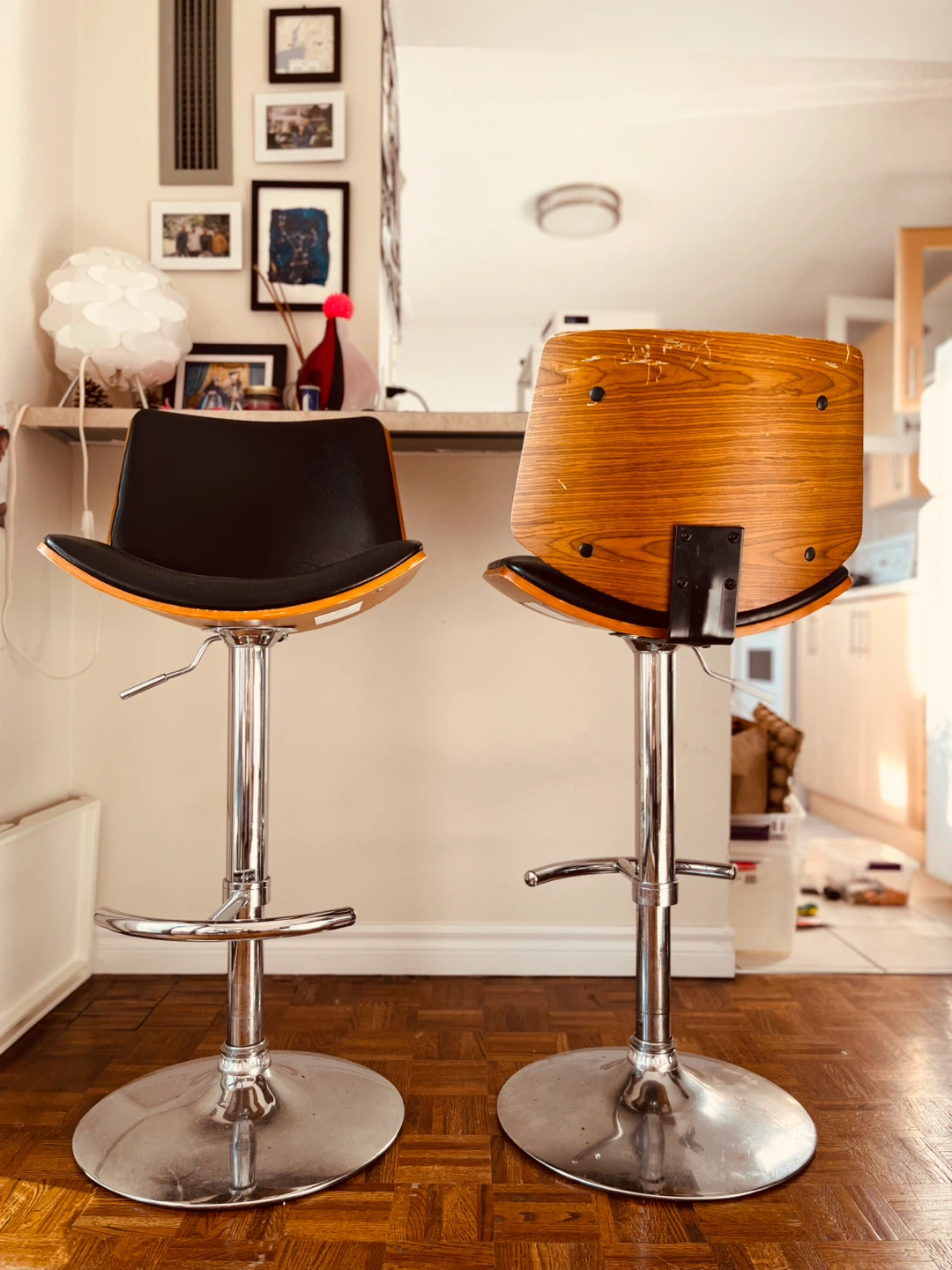 Set of Two Adjustable Wood and Black Faux Leather Bar Stools