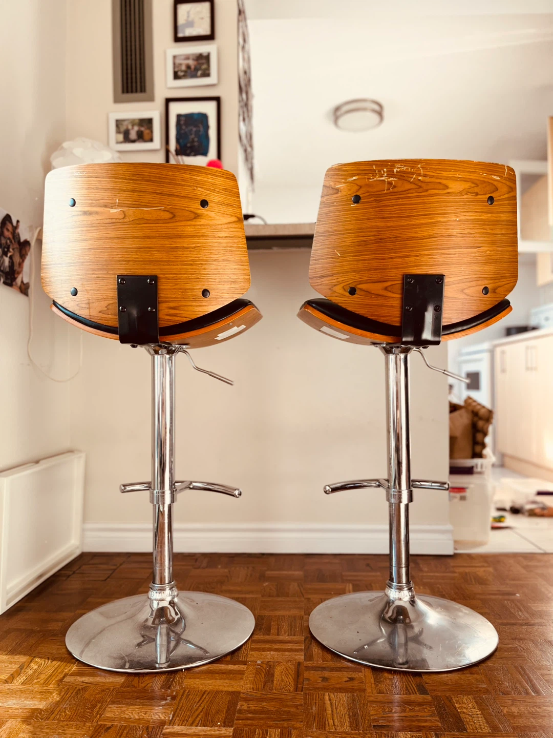 Set of Two Adjustable Wood and Black Faux Leather Bar Stools - photo 2