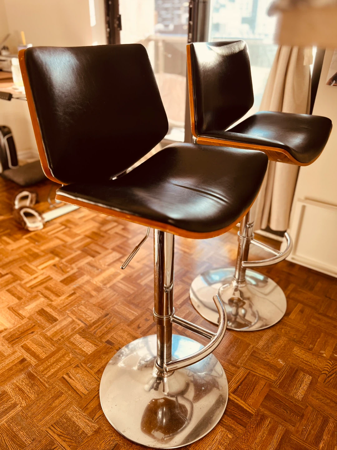Set of Two Adjustable Wood and Black Faux Leather Bar Stools - photo 3