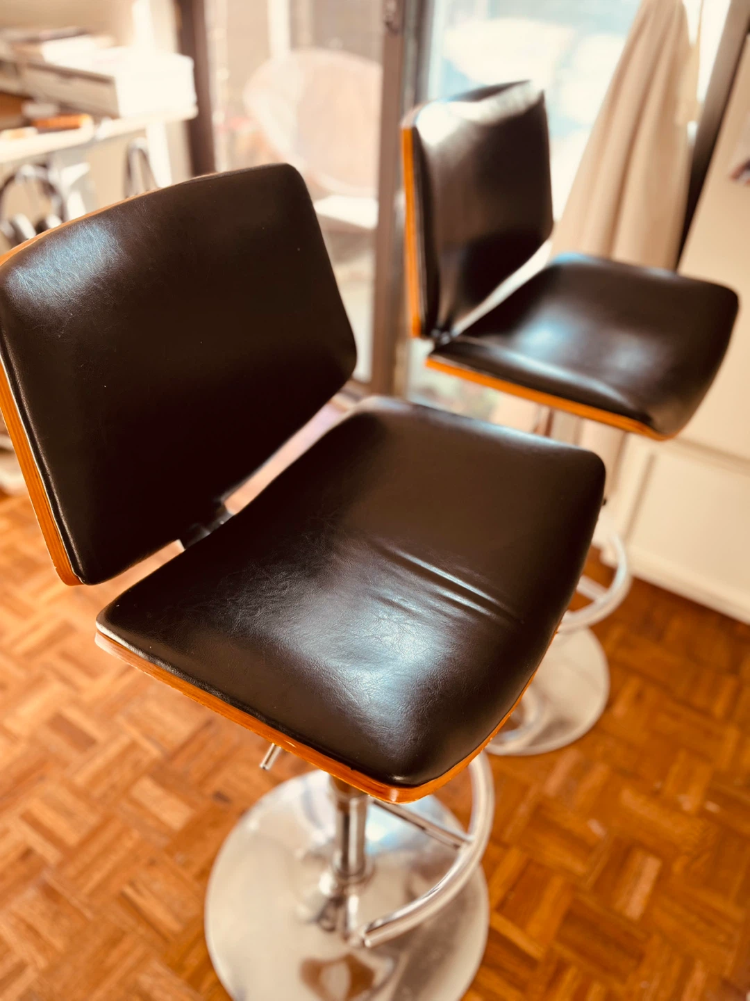 Set of Two Adjustable Wood and Black Faux Leather Bar Stools - photo 4