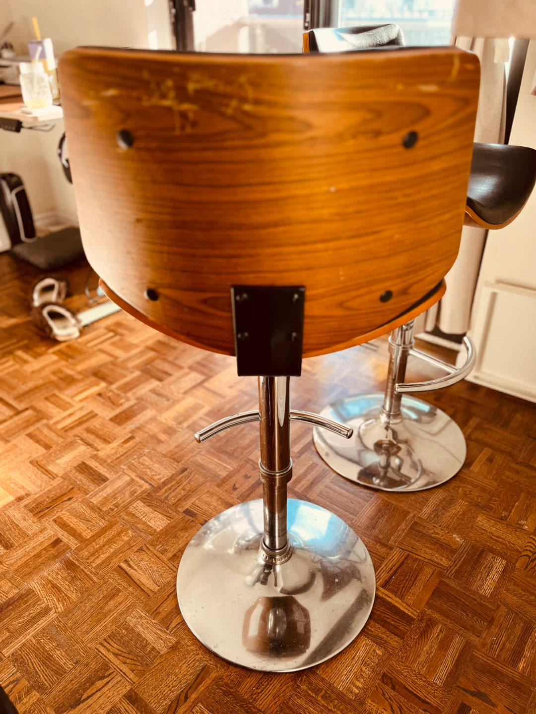 Set of Two Adjustable Wood and Black Faux Leather Bar Stools - photo 5