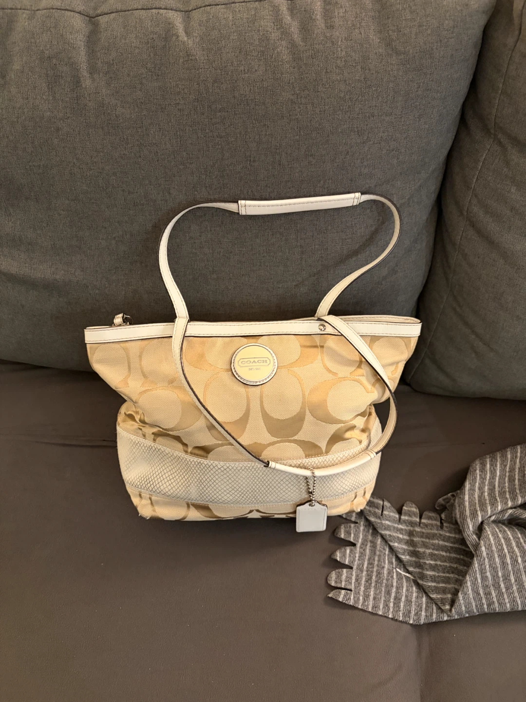 Coach Signature Tote Bag Gold and White