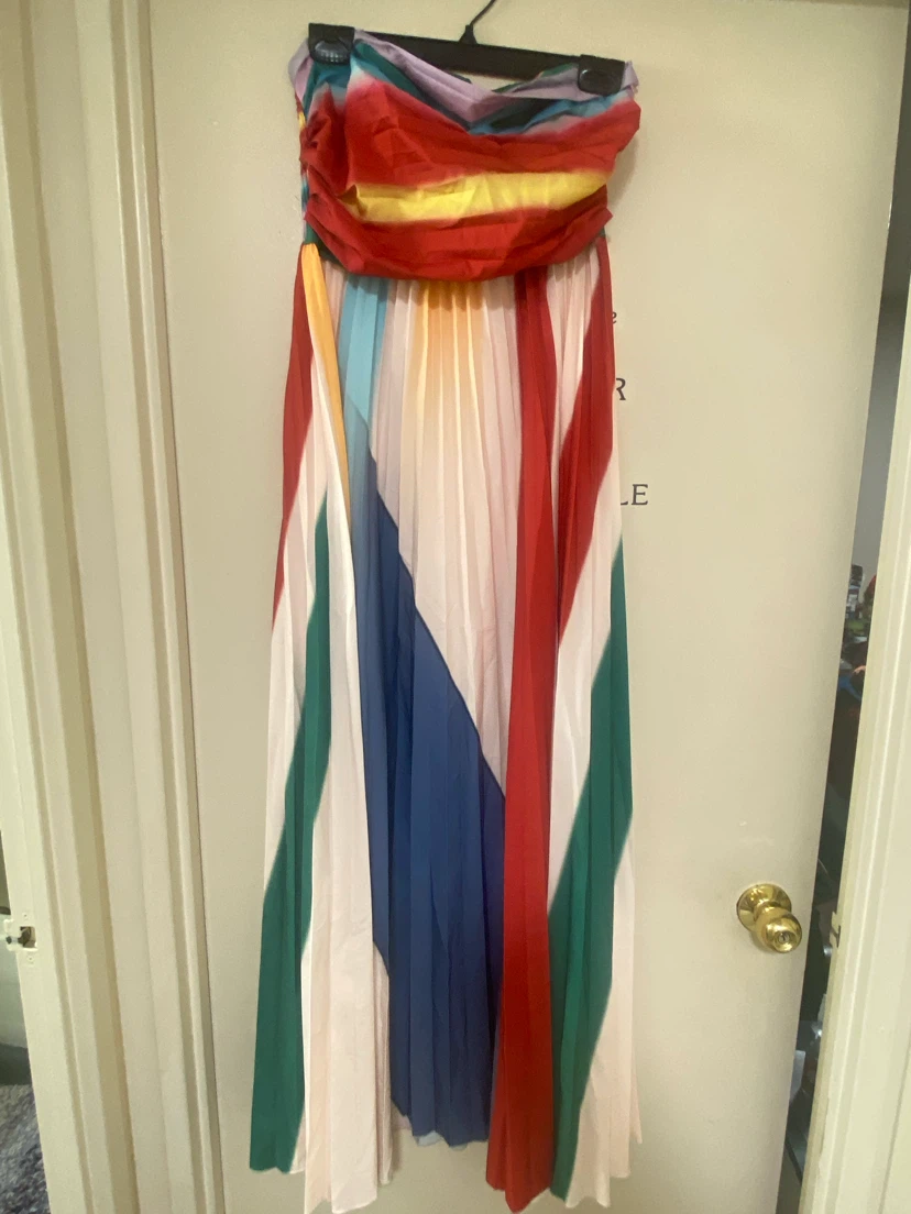 Multi-coloured pleated strapless maxi dress