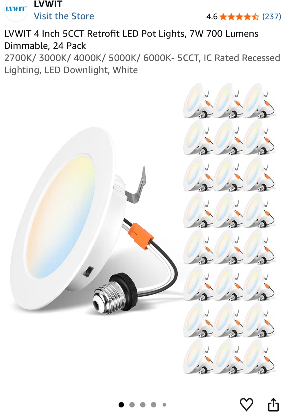 LVWIT 4 Inch 5CCT LED Pot Lights - 24 Pack - photo 3