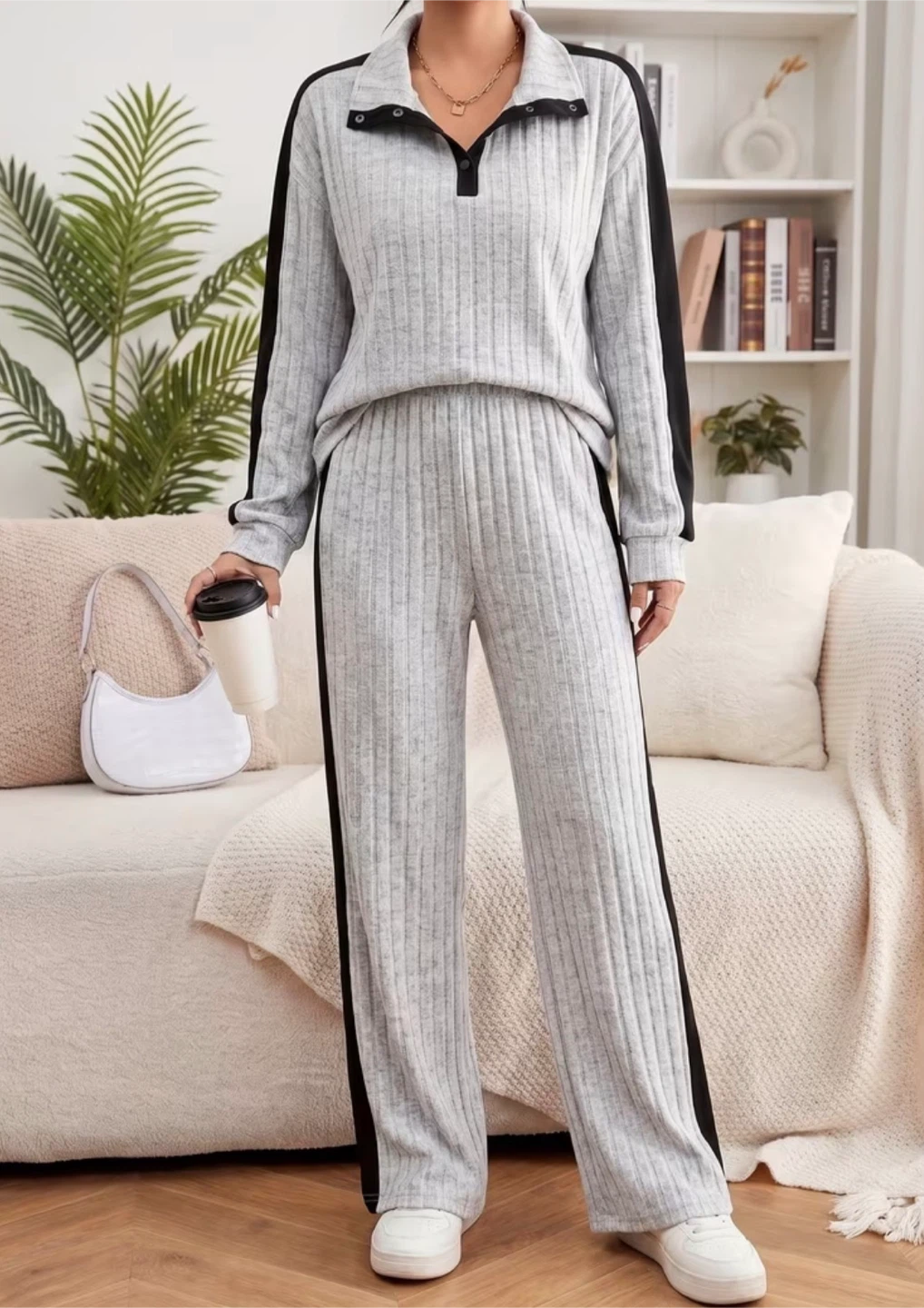 Ribbed gray woman Lounge Set with Side Stripes