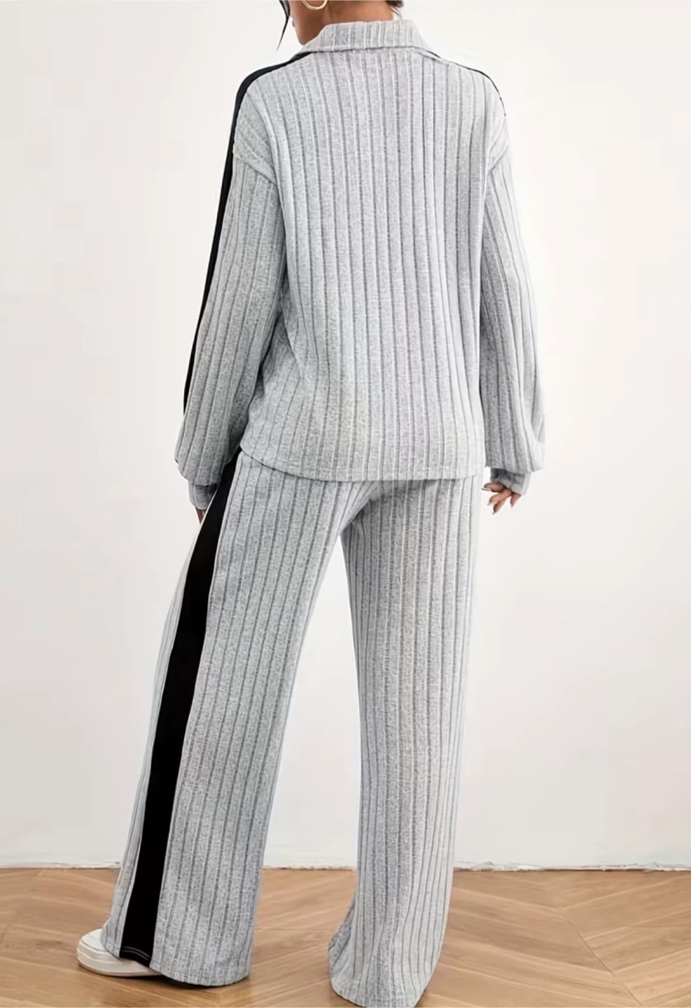 Ribbed gray woman Lounge Set with Side Stripes - photo 2