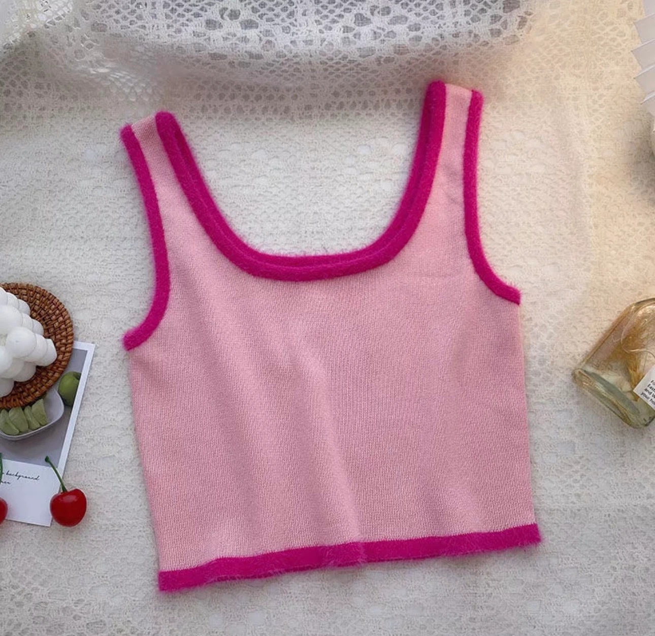 Pink tank top with fuzzy trim - photo 2