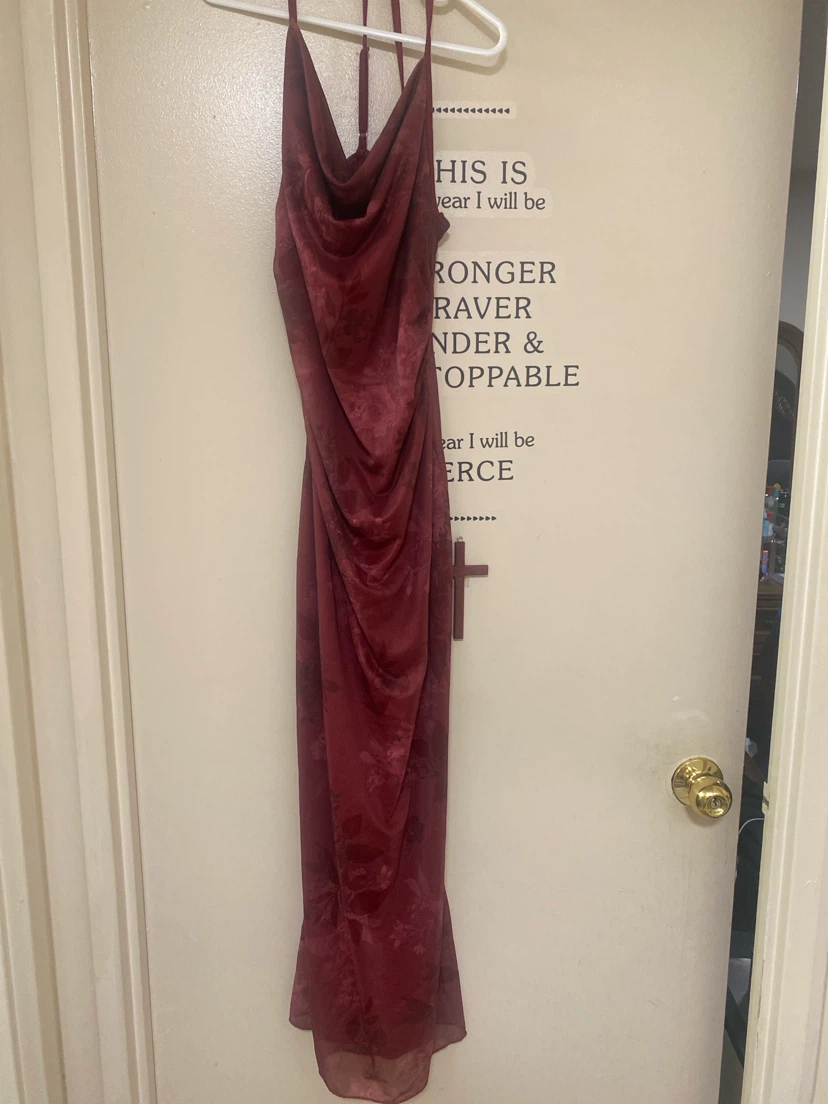 Burgundy Satin Cowl Neck Midi Dress