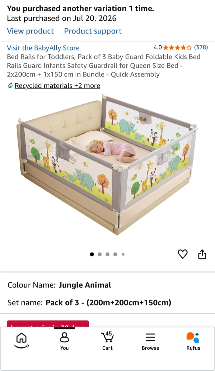 BabyAlly Toddler Bed Rails, 3-Piece Set, Jungle Animal