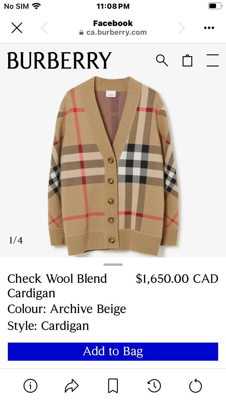 Burberry Check Wool Blend Cardigan