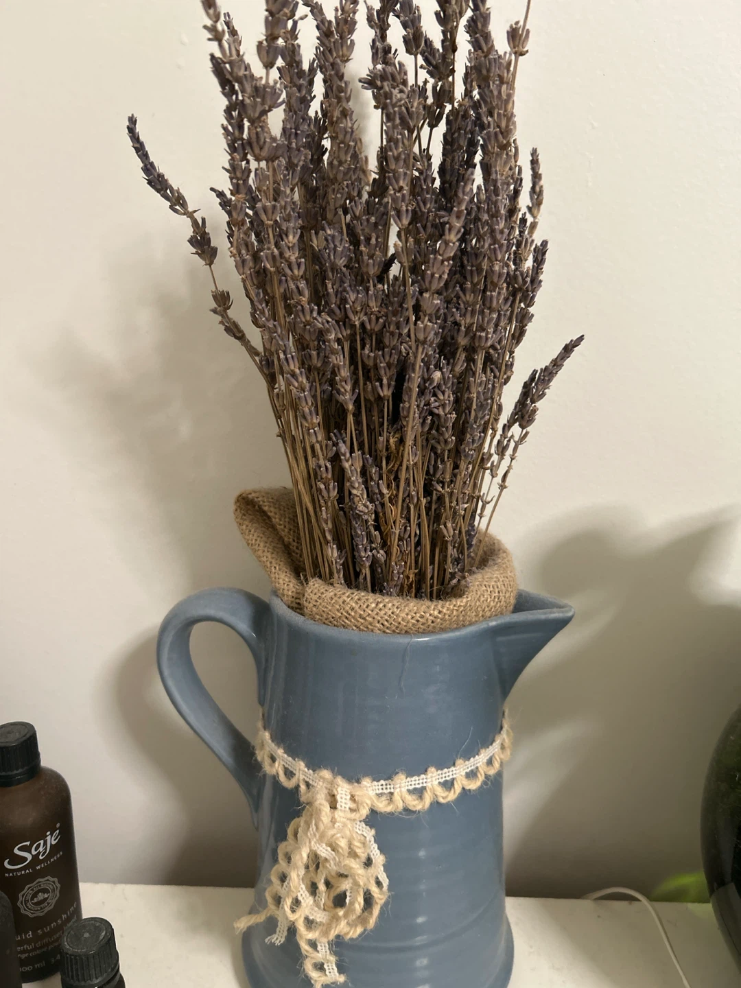 Dried Lavender in Blue Ceramic Pitcher