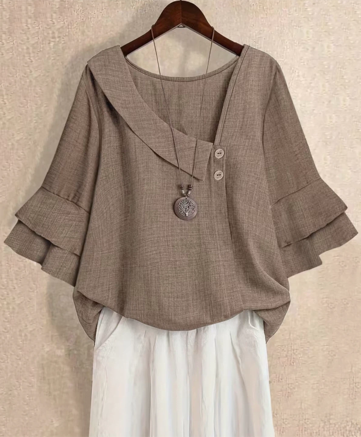 Brown Flare-Sleeve Blouse