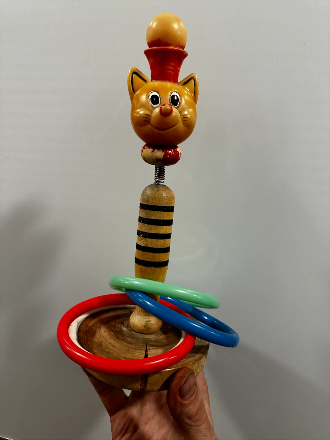 Vintage 60s Japanese Cat Chef Bobble Spring Ring Toss Toy