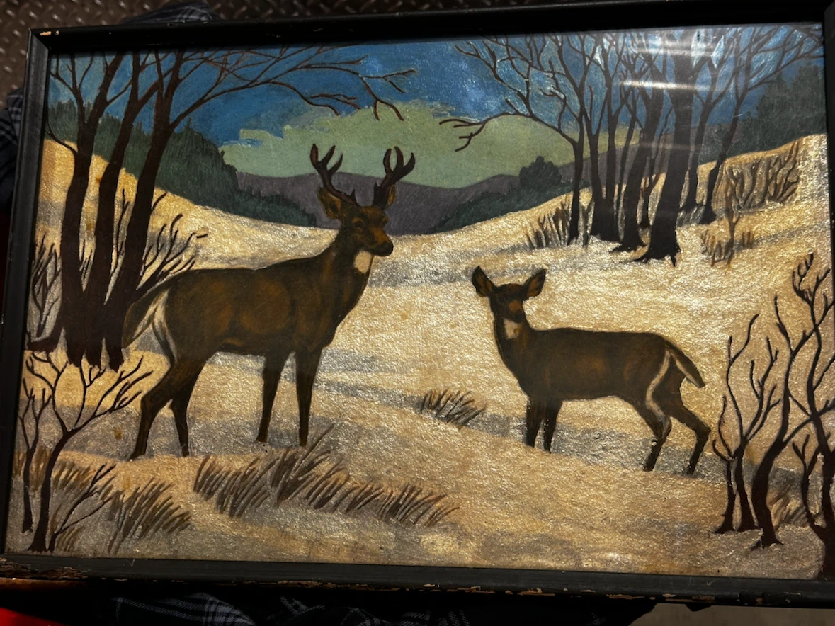 1940s/50s Shimmering Metallic Foil Reverse Glass Deer Painting