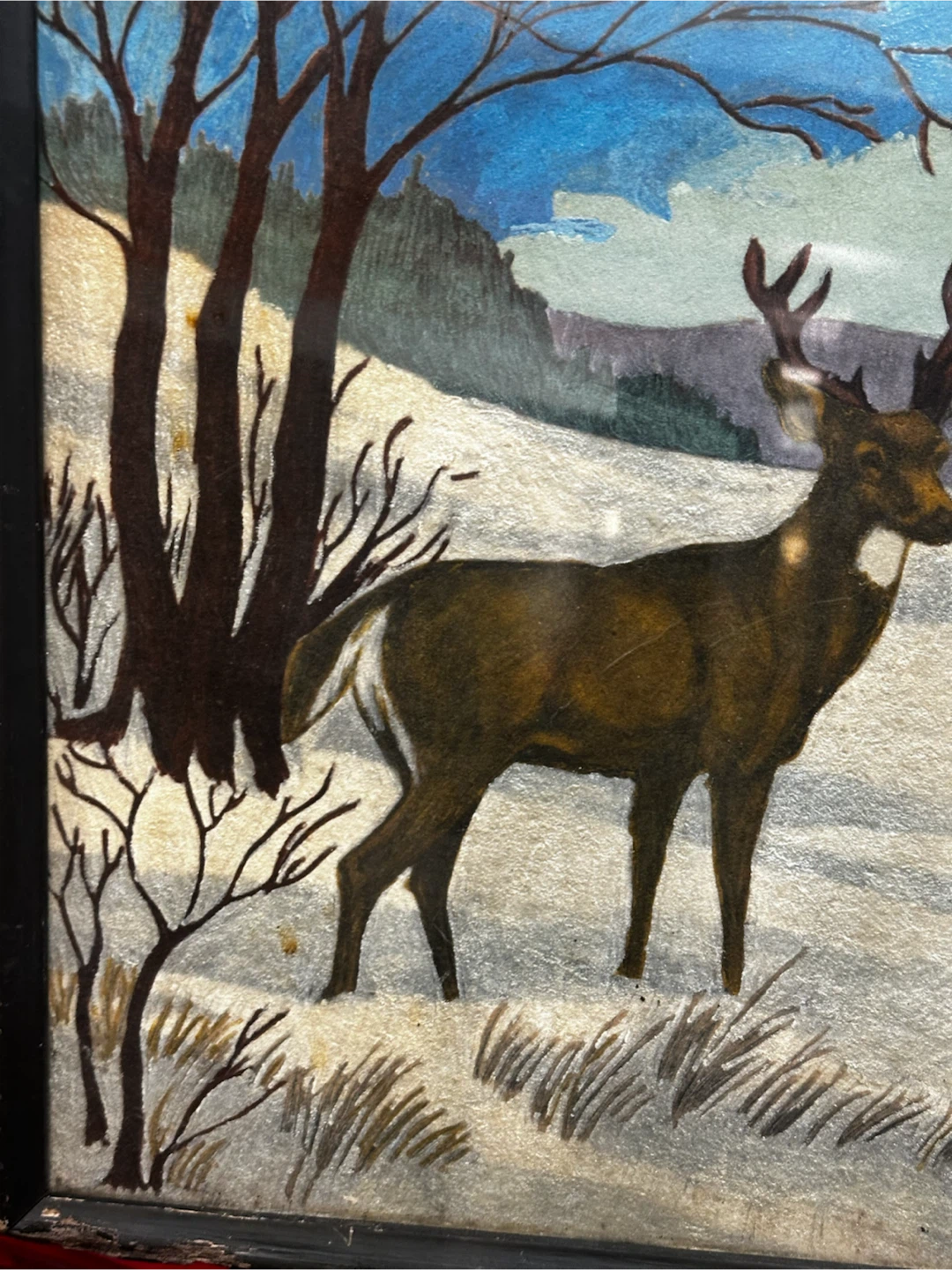 1940s/50s Shimmering Metallic Foil Reverse Glass Deer Painting - photo 2