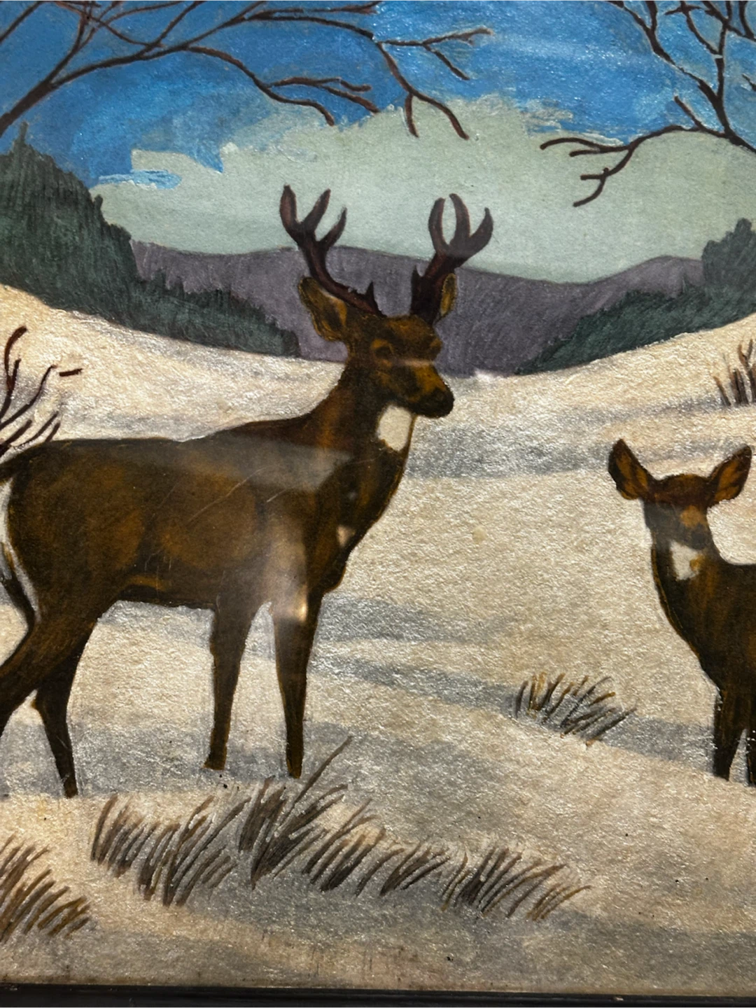 1940s/50s Shimmering Metallic Foil Reverse Glass Deer Painting - photo 3