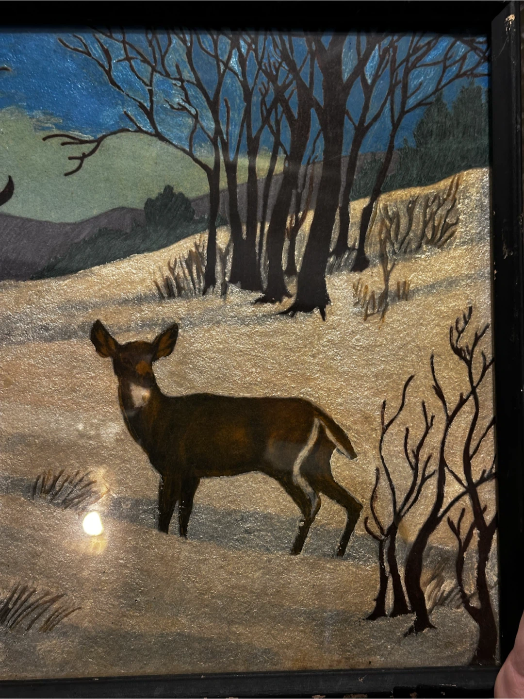 1940s/50s Shimmering Metallic Foil Reverse Glass Deer Painting - photo 4