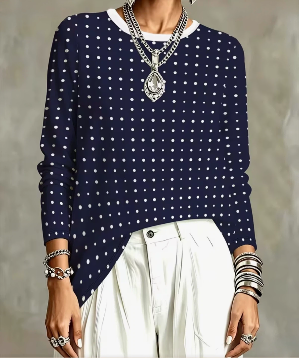Navy Blue Polka Dot Long Sleeve Top