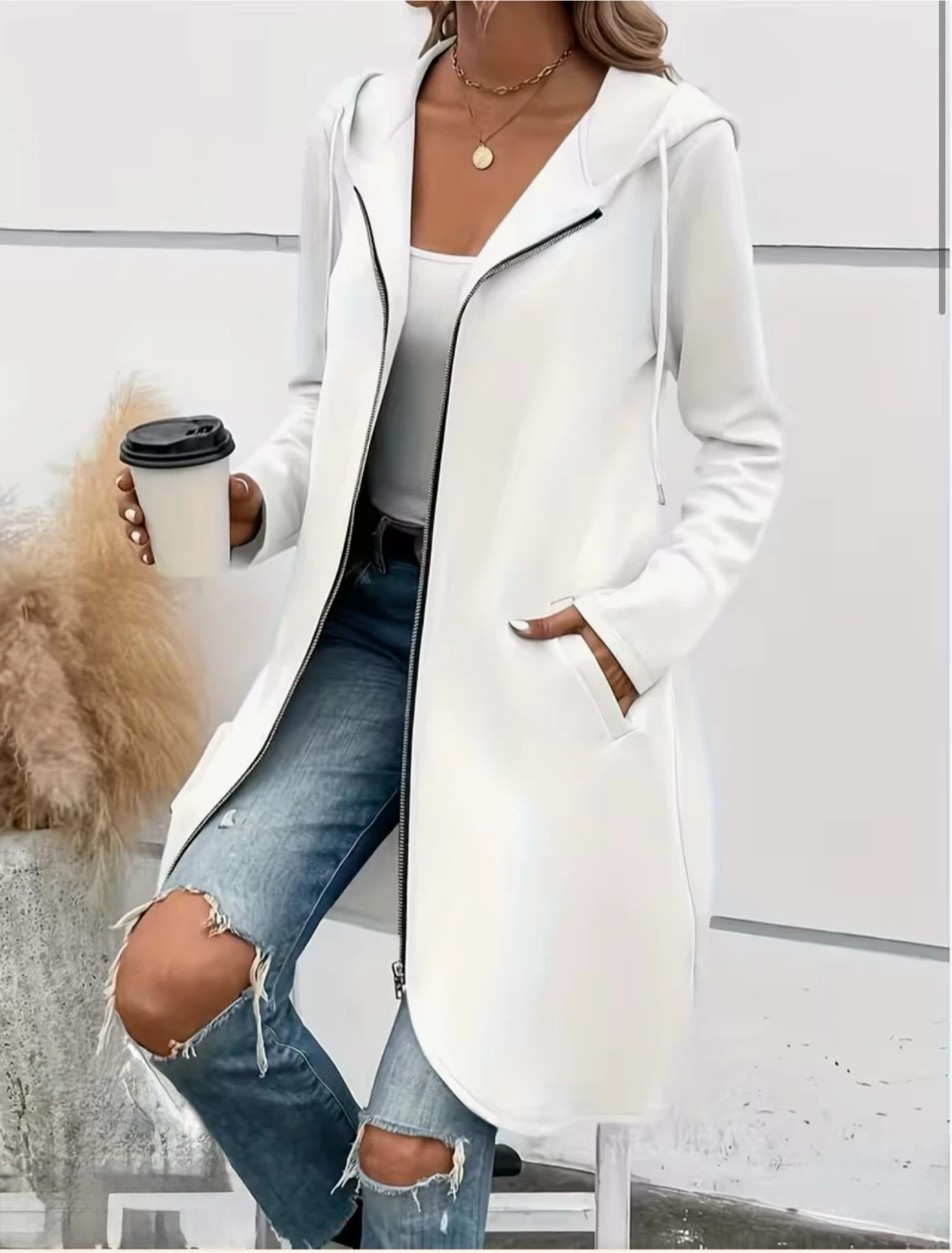 White Long Jacket Zip-Up Hoodie