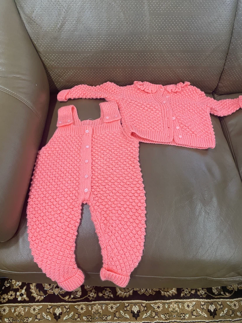 Hand-knitted baby overall and cardigan set