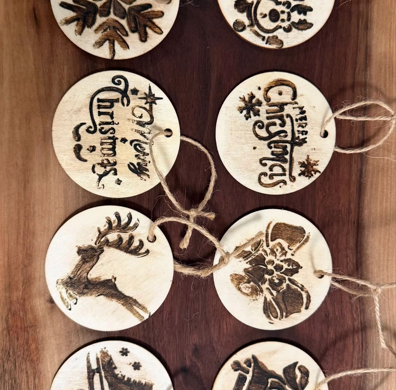 Handmade wood burned Christmas ornaments