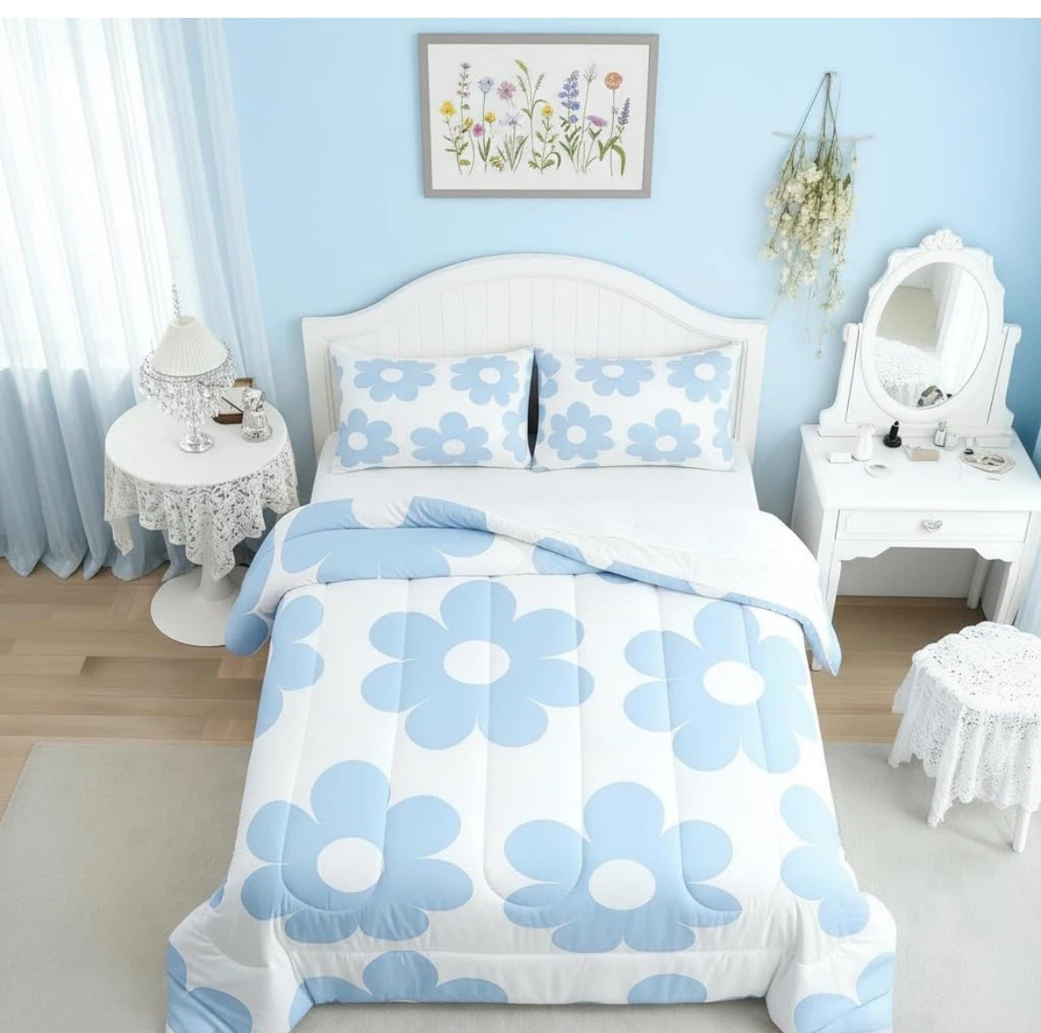 Blue and white floral print FULL/DOUBLE  size comforter set