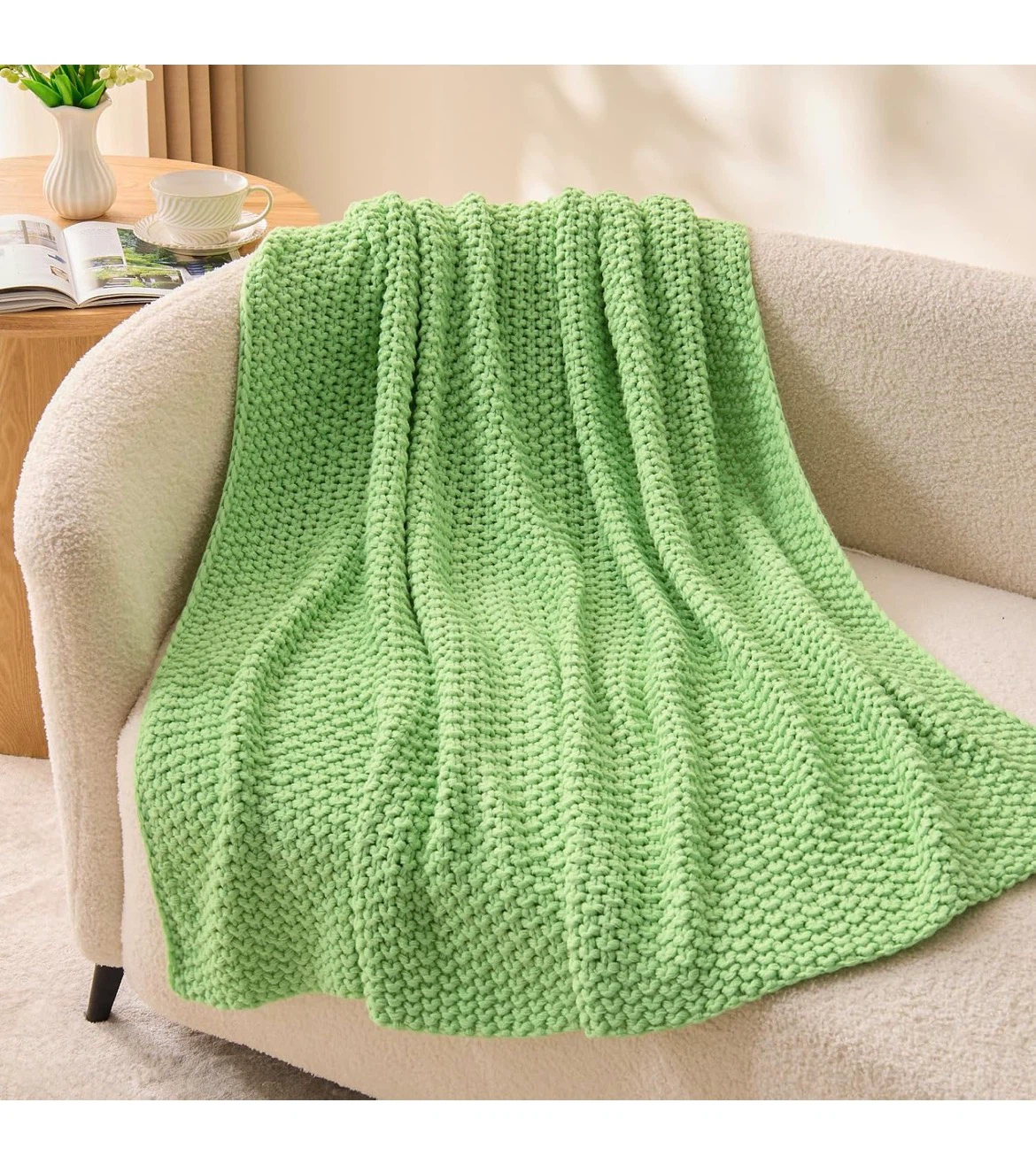 Green Chunky Knit Throw Blanket