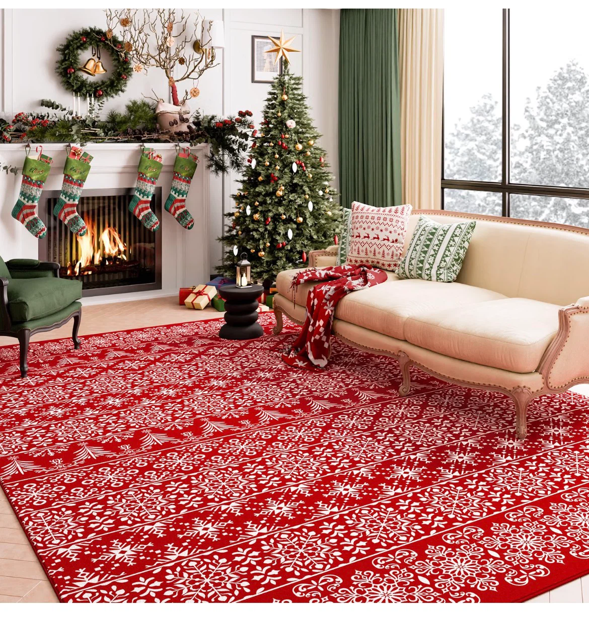 Red Christmas Snowflake Area Rug