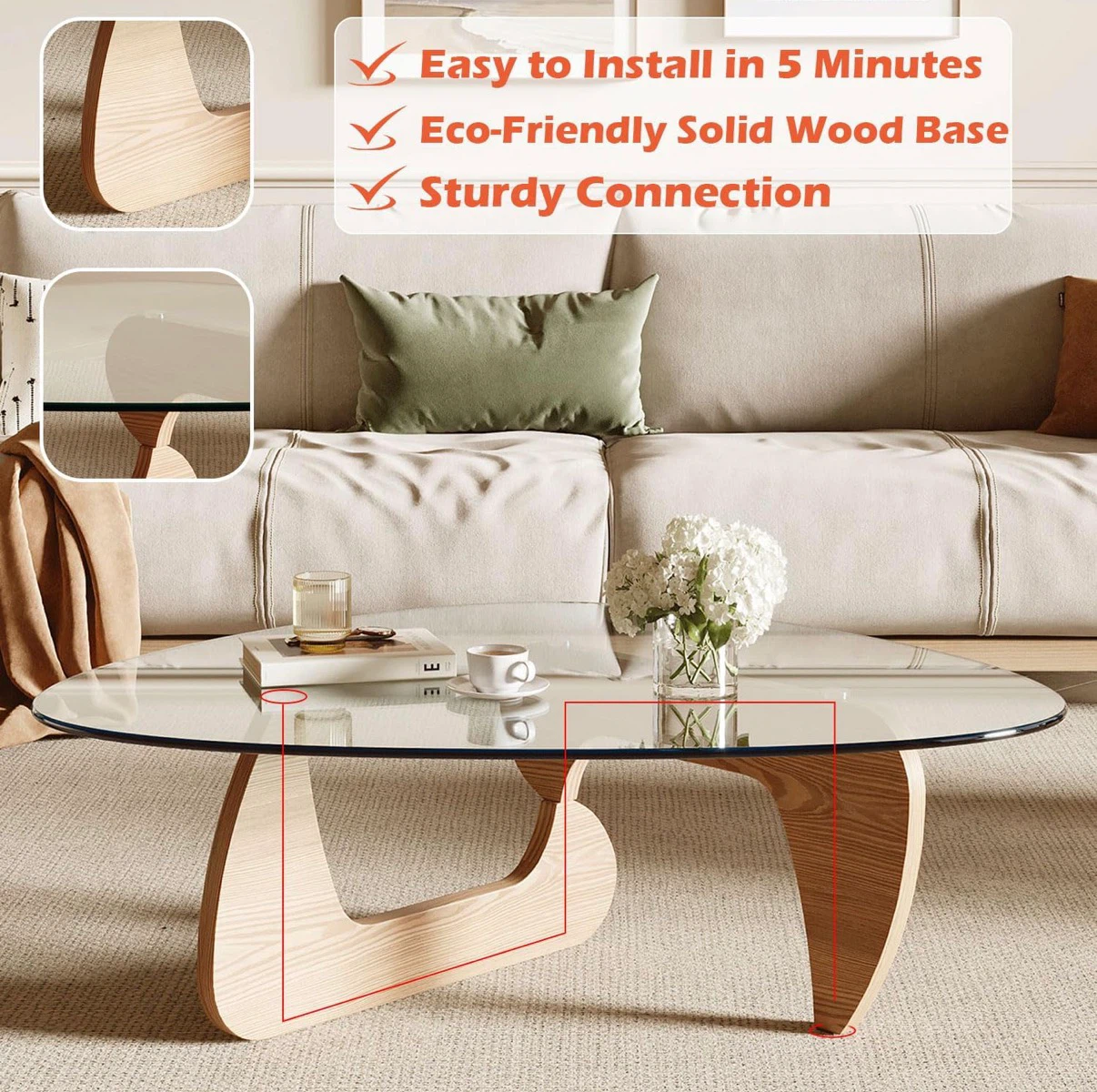 Noguchi styled Glass Coffee Table with Solid Wood Base