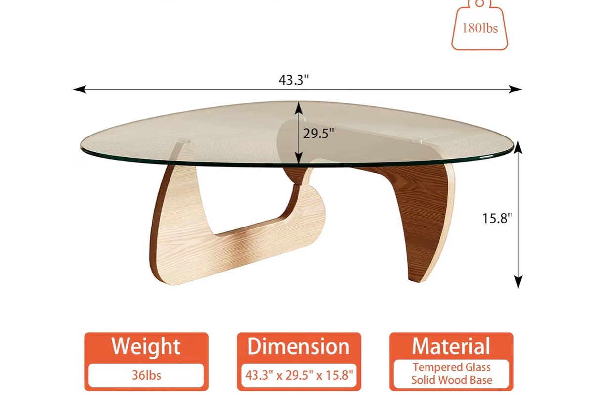 Noguchi styled Glass Coffee Table with Solid Wood Base - photo 2