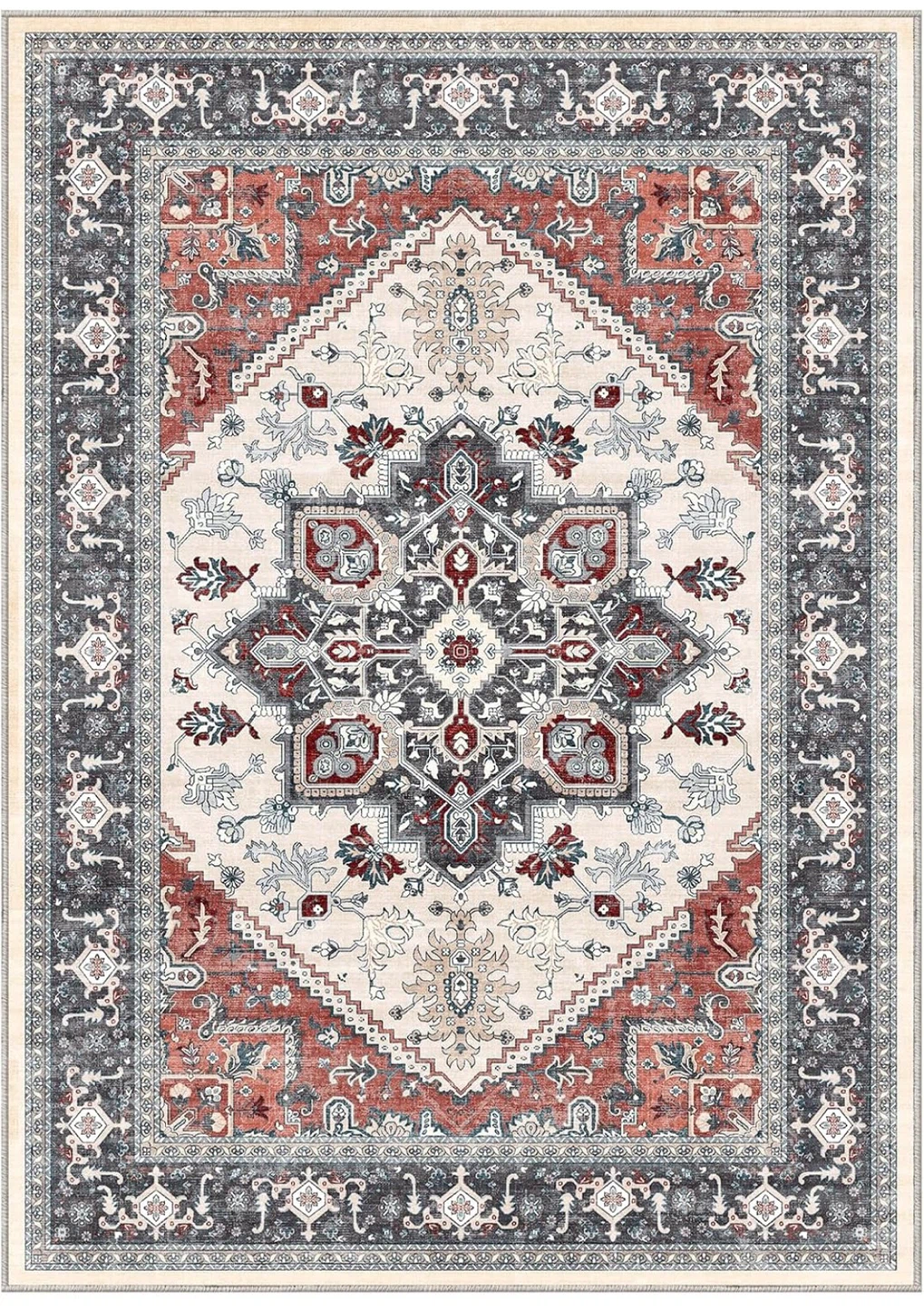 Vintage-Style 5ft x 7 ft Area Rug, Red and Grey