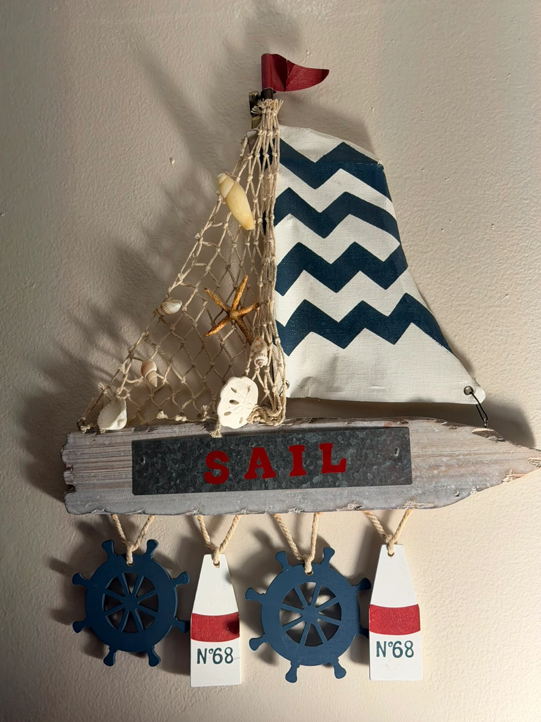 Set of 2 Nautical Wooden Sailboat Wall Hanging Decor (12” Tall)