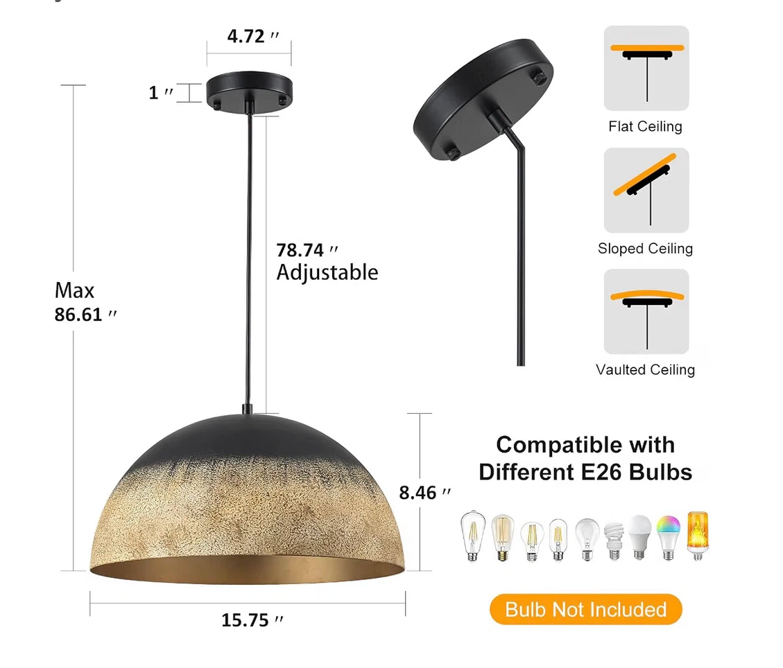 HUOKU Dome Pendant Light, 15.75" Farmhouse Rustic - photo 3